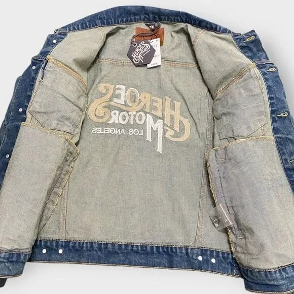 Heroes Motors Legendary Denim Jean Motorcycle Jacket Mens size Medium New - Picture 5 of 11